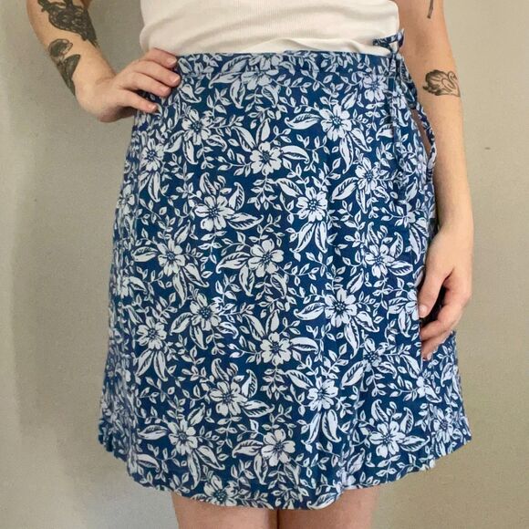 Vtg Jennifer Moore Blue Floral Skort Size 8 Cotton Linen Blend - Picture 1 of 8